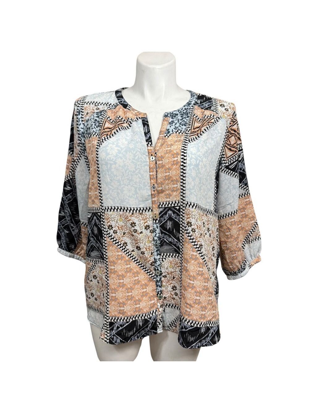 Investments II Patchwork Print Button Front Blouse Size 1X